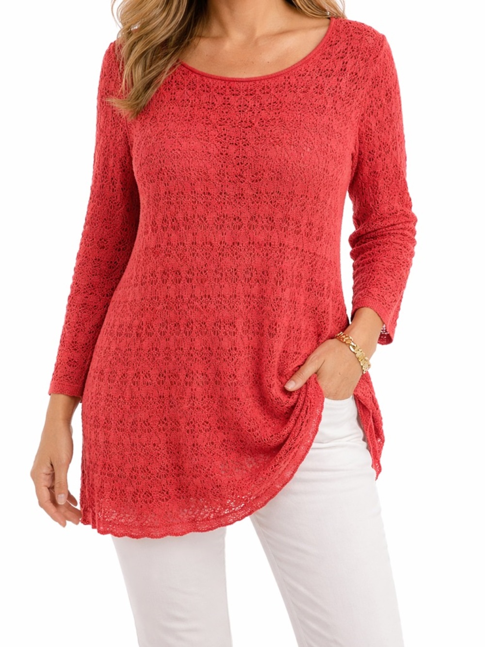 Peruvian Connection Crochet Lace Pima Cotton Sweater Top in Red Size Large